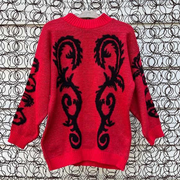 Vintage 90s red metallic black scroll sweater LARGE - Picture 1 of 4